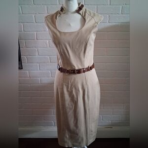 Classic Beige Sheath Dress with Brown Belt